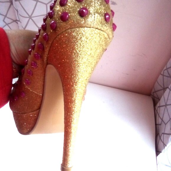 "Ami Clubwear" Size 6.5 Stripper Platform Pumps Heels Gold Sparkle, Pink Bubbles - Picture 15 of 15